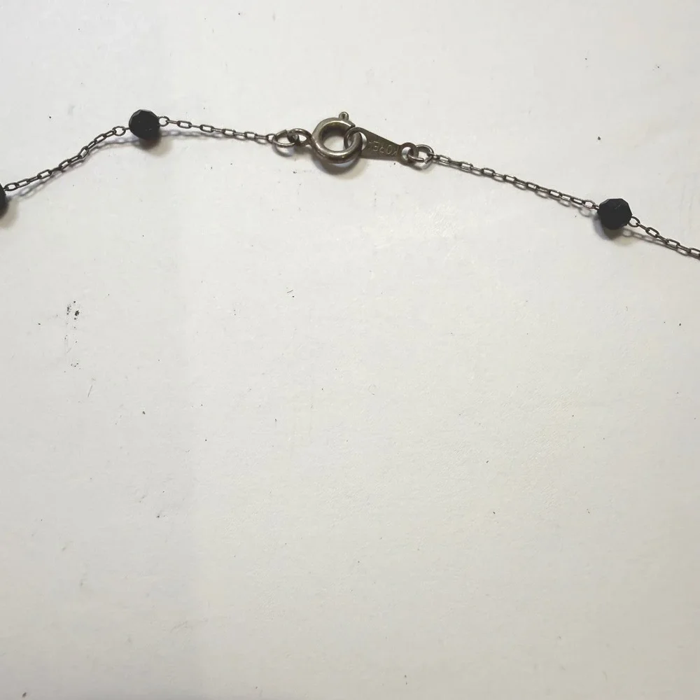 Vintage Black Faceted Bead Station Necklace Silver Tone Korea 16 Inch Goth Retro